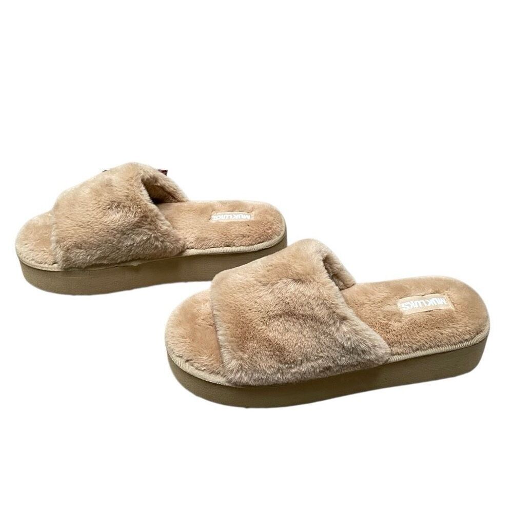 Muk Luks Kirstey Platform Slide Slippers Women’s 7/8 Tan Fluffy Irish Cream NEW